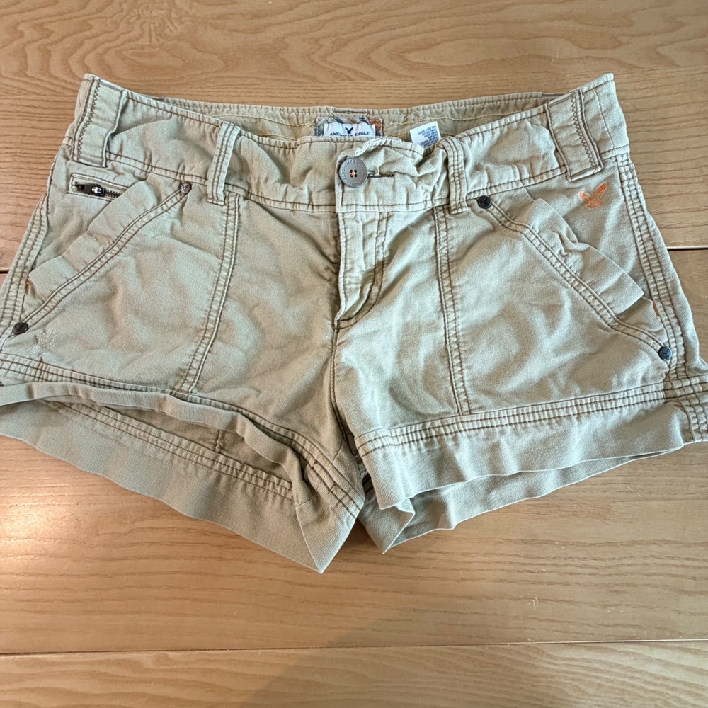 Y2K American Eagle Micro Mini Shorts Logo Women 10 Khaki Stretch Indie Sleeze